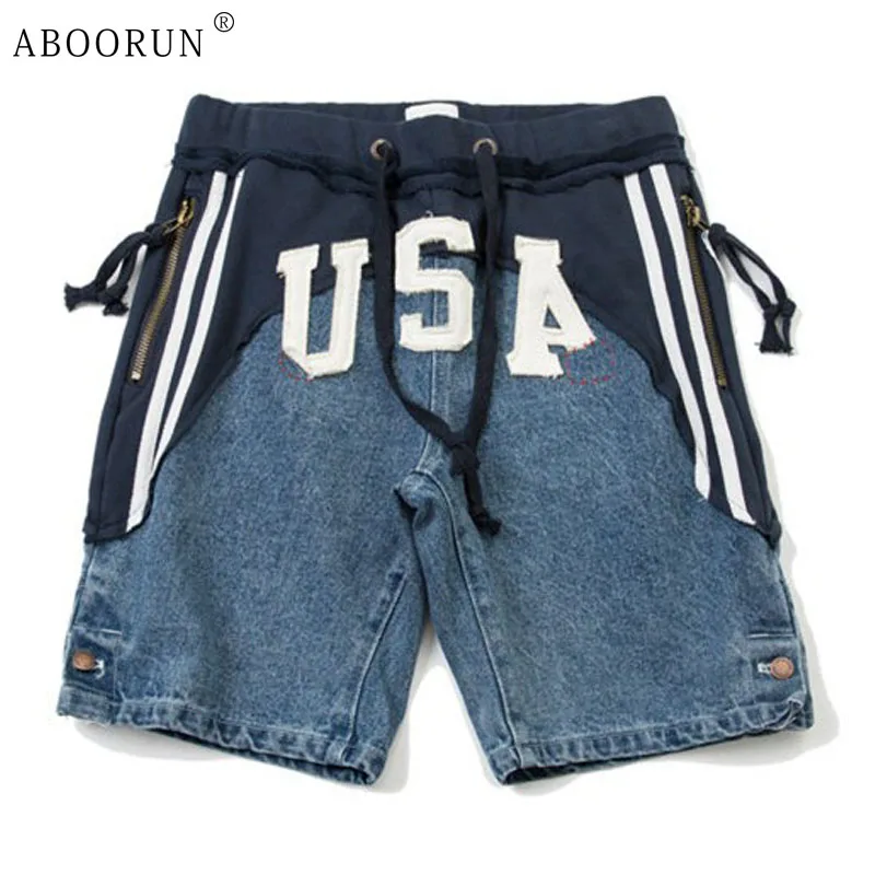 Men's USA Patchwork Denim Shorts Vintage Summer Jean Shorts