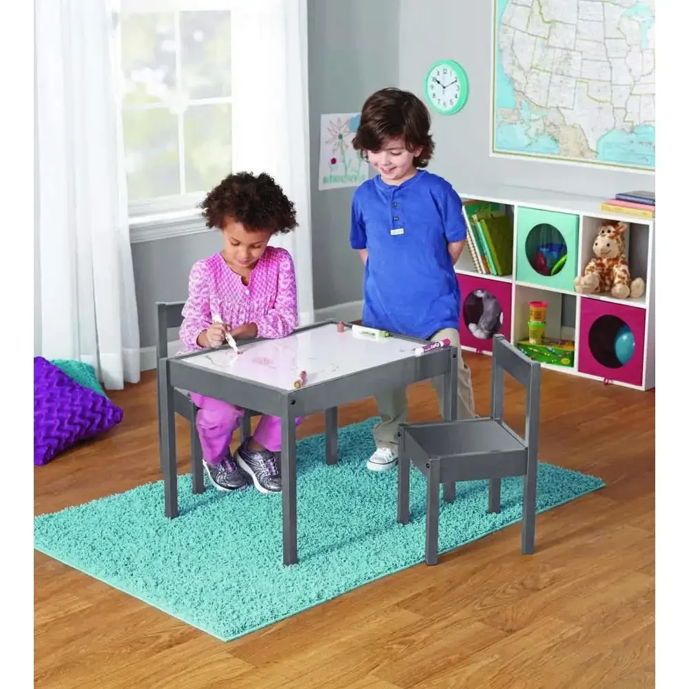 Child Table Chairs Set Grey Rubberwood Safety Round Edges Stable Easy Clean 1-5 Years Old Activity Space Immerse Promote 3