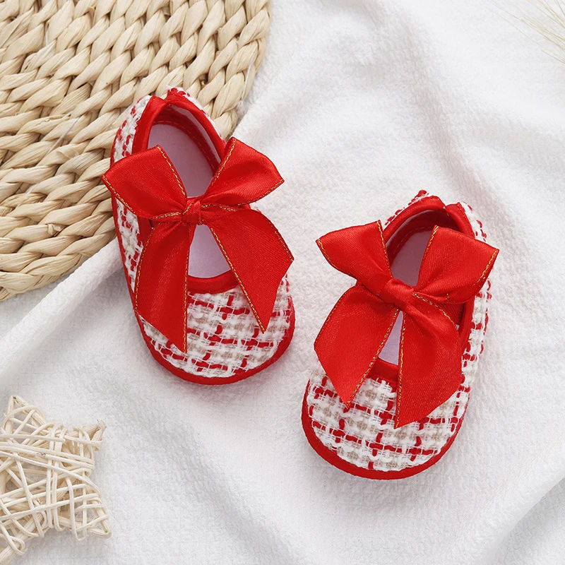 Lovely Bow Princess Baby Shoes Soft Bottom Anti-slip Infant Soled Newborn First Walkers Lattice Pattern Toddler Cotton Shoes