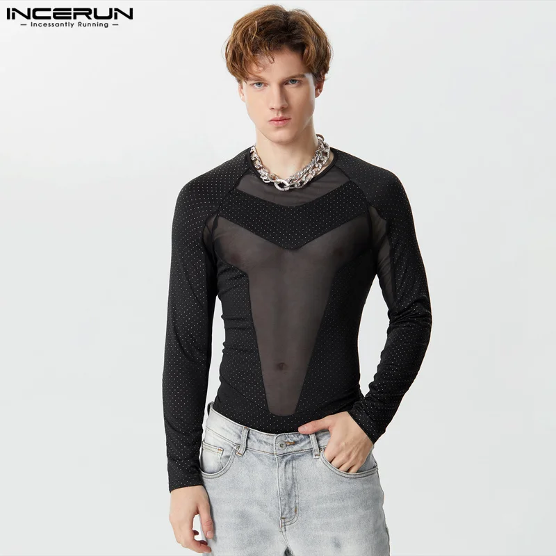 

INCERUN 2024 Sexy Mens Homewear Flash Spliced Mesh Perspective Jumpsuit Raglan Half High Neck Long Sleeve Triangle Rompers S-5XL