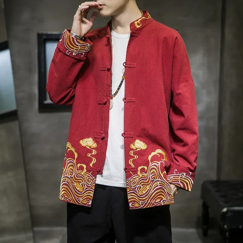 Mens Chinese Style Embroidered Jacket Cotton Linen Tang Suit Wudang Disc Button Chinese Tunic Suit Tops Men Cloting