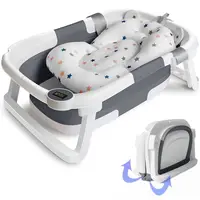 Foldable Baby Bath Tub 0-36 Months Folding Baby Bathtub Standing Baby's Bath Tub with Thermometer & Cushion Bath Pad + Bath Net