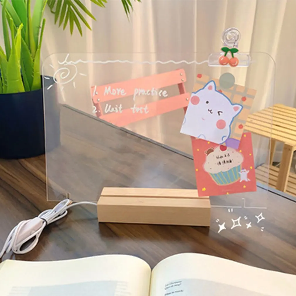 Hot Creative Transparent USB Acrylic Daily Note Board Message Memo Board With Wood Stand Holder LED Lamp Writing Pad Reminder