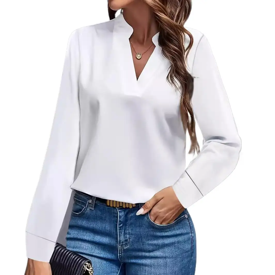Women Solid Color V Neck Long Sleeve T Shirts