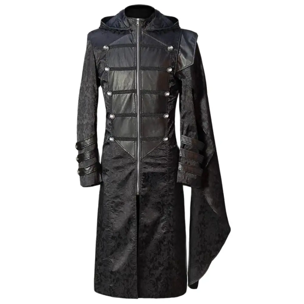 

Halloween Costumes for Men Fashion Retro Medieval Steampunk Stand-up Collar Black Leather Punk Gothic Cloak Hooded Trench S-5XL