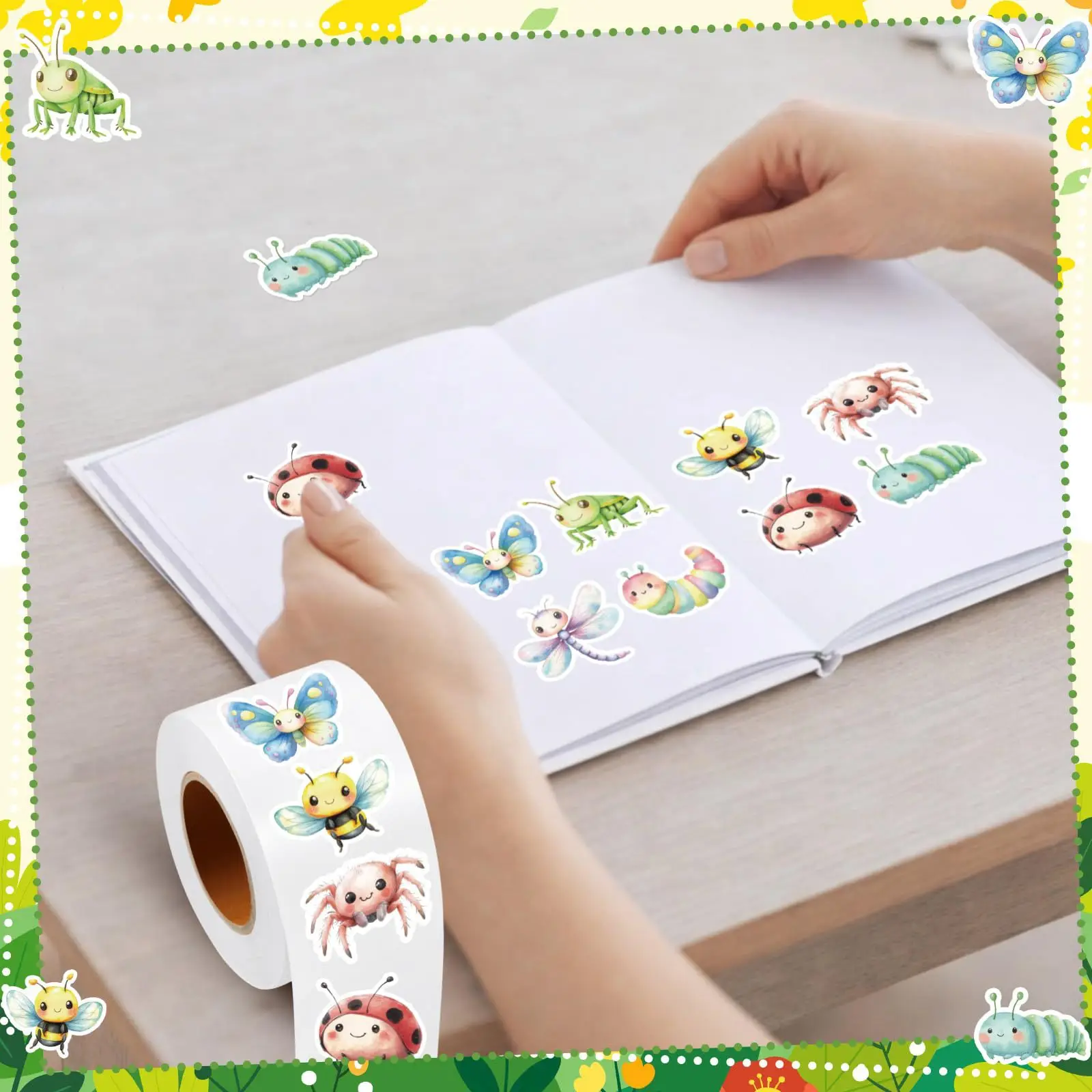 1 롤 스프링 곤충 스티커 데칼 보상 귀여운 사무용품 인센티브 동물 스티커 크리스마스 파티 선물, 500개 1인치