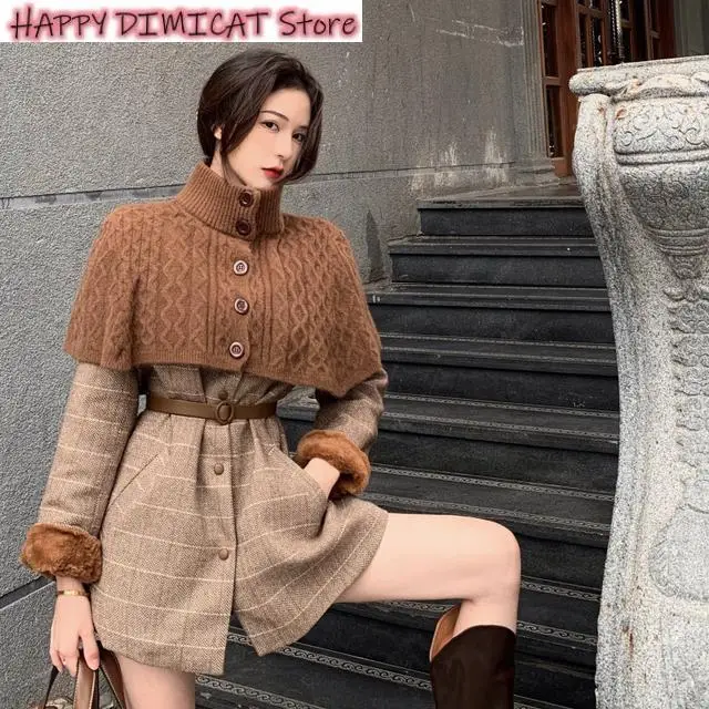 Woolen Sweater 2 Pic Set Mori Girl Overcoat Women Vintage Autumn Winter Full  Plaid Thickened Keep Warm O-Neck Single Breasted