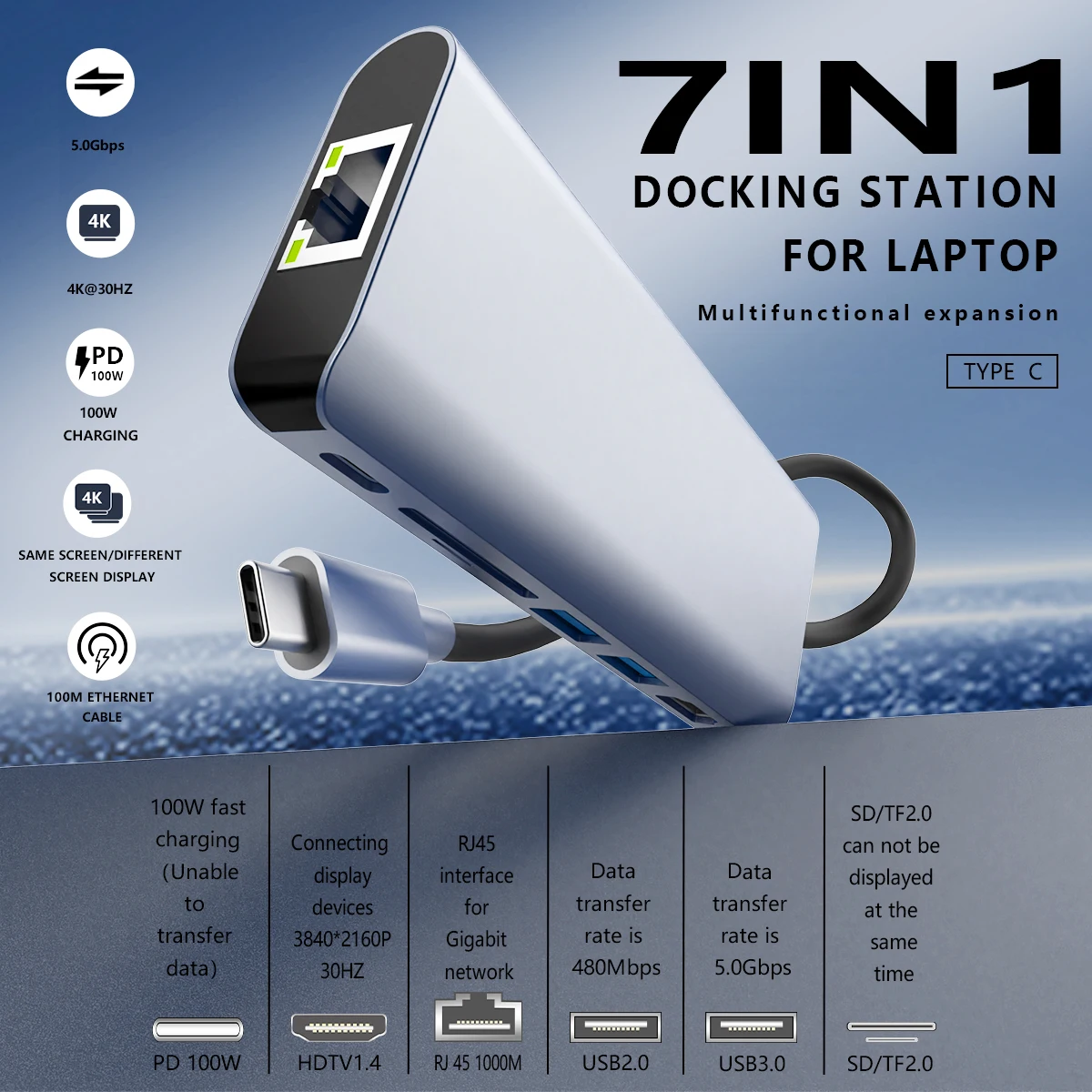 USB C to HDTV Adapter, 4K@30Hz USB C Docking Station, 7 in 1 Hub with 2 USB-A, PD 100W, TF/SD Card Reader, 1000M Rj45