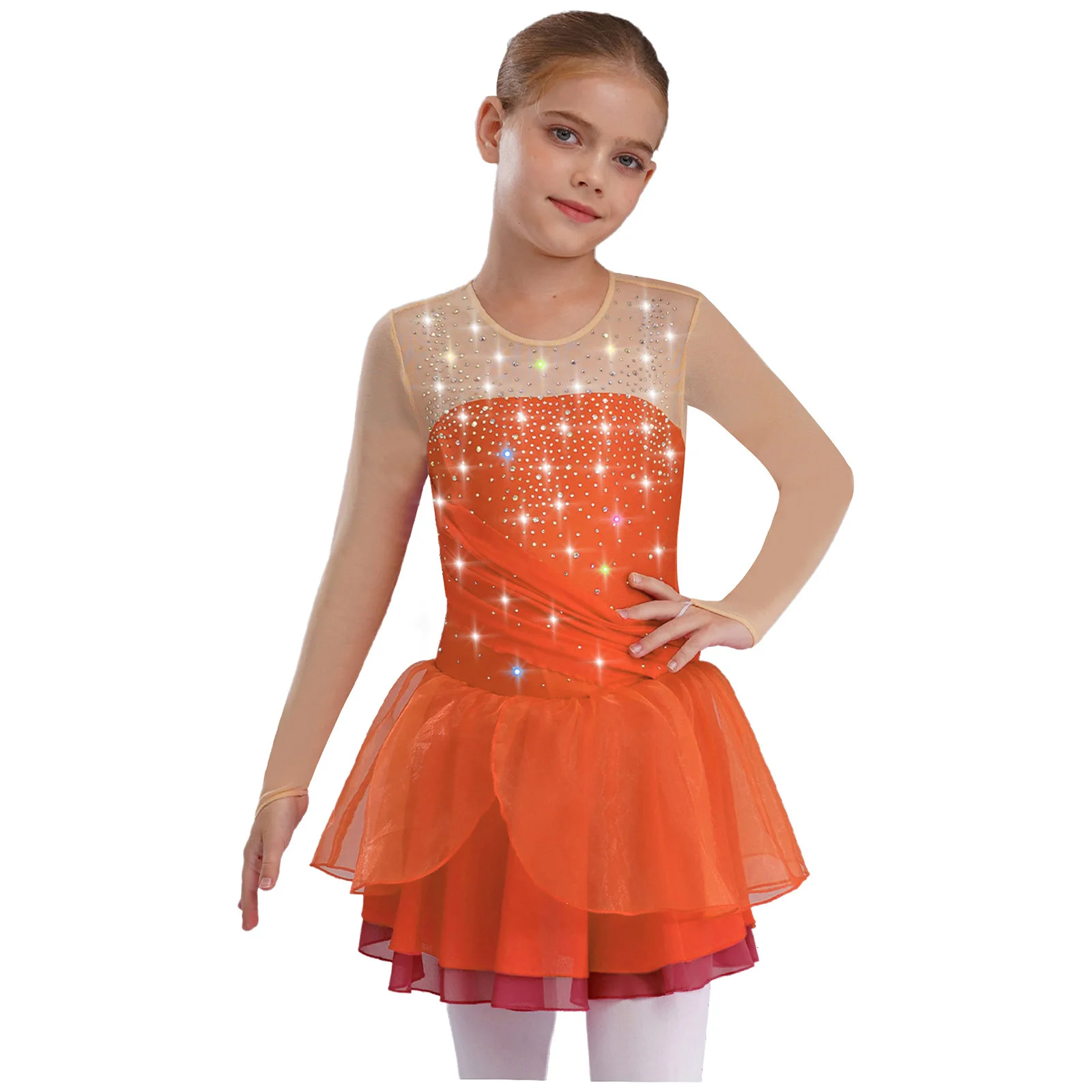 Kinder Mädchen Eiskunstlauf Performance Kostüm Glänzende Strasssteine Lyrisches Tanzkleid Sheer Mesh Long Sleeves Cutout Back Kleider – Detail 2