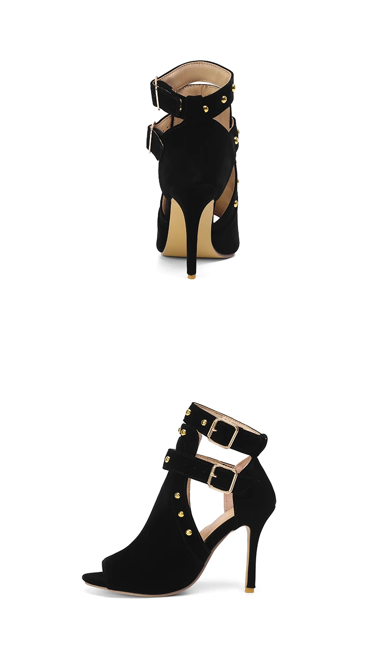 Stiefeletten, Sandalen mit ausgehöhltem Design, Nieten-Metallschnalle, High Heels, Peep-Toe, Turmschnalle, Stiletto-Absätze, ultrahohe Absätze, Rot, Schwarz, Blau, mattes Samtobermaterial, luxuriös, elegant, Frühling/Sommer neuer Stil – Detail 5