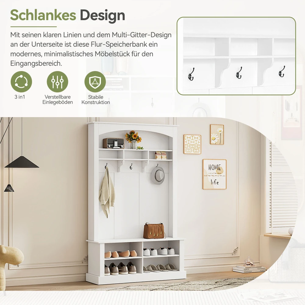 PINGGO Multifunktionales Garderobenset mit Sofa und Schuhregal, offenem Stauraum, 3 Haken, rechteckigem Aufbewahrungsschrank und Regalen – Detail 8