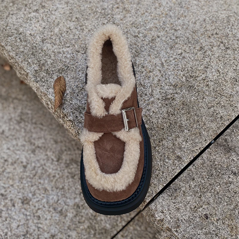 

Новинка 2023, зимние Лоферы Heihaian, простые женские туфли на одной подошве, с ремешком и пряжкой, с круглым носком, на толстой подошве