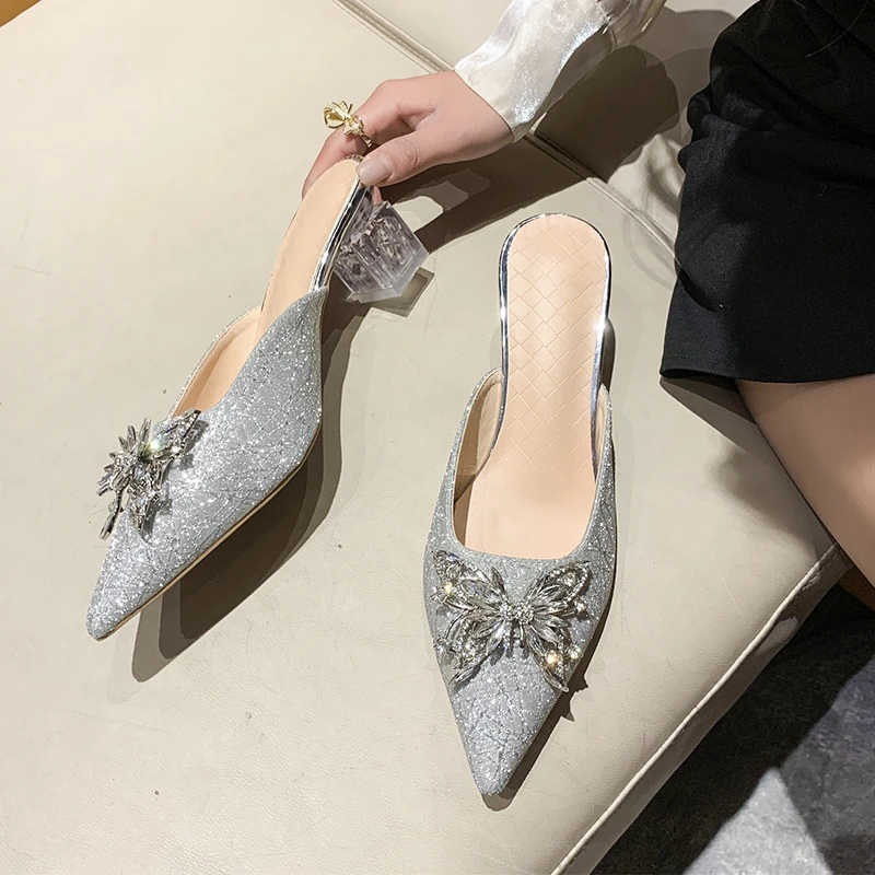 Women's Rhinestone Buckle Decor Block Heels, Tassel Detailed Point Toe Pumps, Fashion Dress Heels