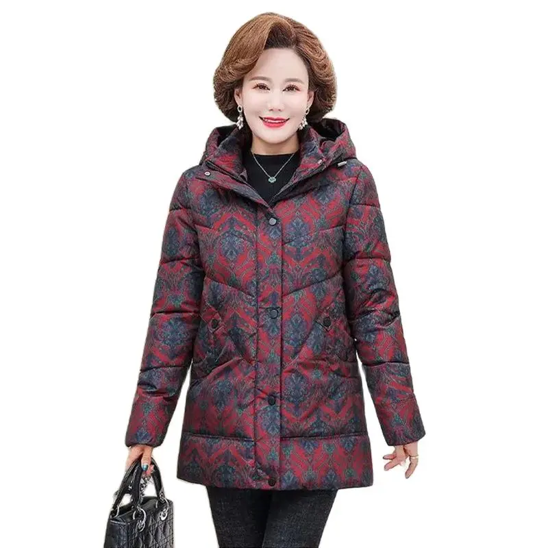 

Western Style Mother Down Cotton-padded Jacket Women's New Loose Warm Middle-aged And Elderly Printing Fashion Hooded Coat Tide.