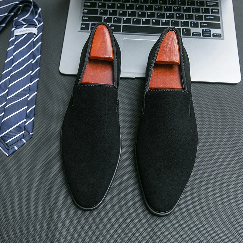 Men Suede Red Soled Loafers Black Leather Shoes Men Business Dress Shoes Retro Versatile Tenis Masculino