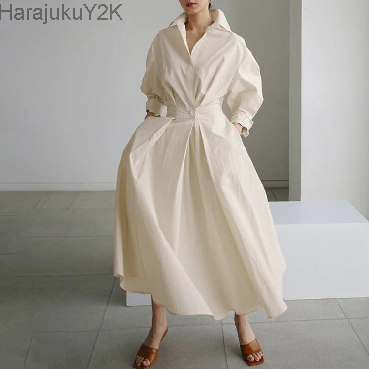 

Oversized Elegant Women Spring Sundress Fashion Lapel Neck Long Sleeve Solid Long Shirt Dress OL Vestidos Robe Femme
