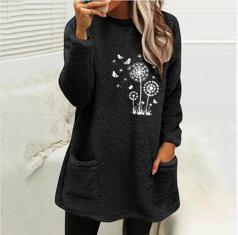 

2023 Autumn/Winter Women's Round Neck Pullover Long Sleeve Pocket Embossed Double sided Velvet Sweater