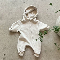 Organic Cotton Hooded Baby Romper - Long Sleeve Jumpsuit - 12 - 18M(90) (GRAY)