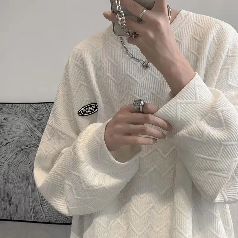 Hoodless Sweatshirt Mens Casual Shirt Waffle O Neck Hoodie Long Sleeve Pullover Man Loose Shirt Solid Sweatshirt Streetwear