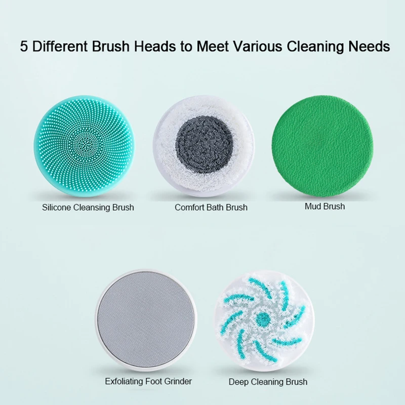 Electric Bath Brush 5-in-1 Long Handle Rechargeable Spin Body Facial Scrubber Back Rubbing Cleaning Massage Spa Shower Brush