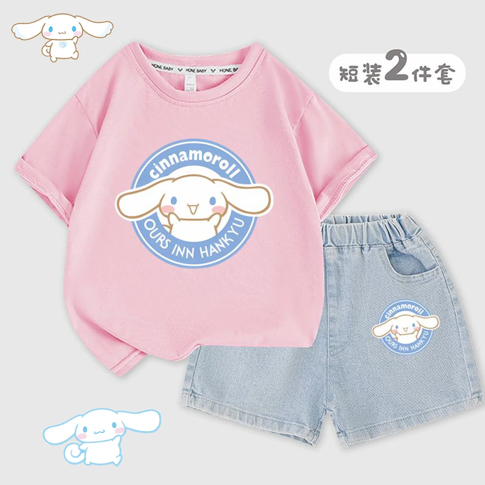 

Anime Kid's Short Sleeve Set Cinnamoroll Kawaii Sanrios Summer Casual Korean Fashion Girl Boys T-Shirt Denim Shorts Sports Set