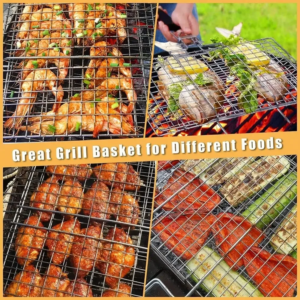 Folding Portable Outdoor Camping Stainless Steel BBQ Rack With Removable Handle Grilling Basket Barbeque Griller Cooking Tools bbq rack
