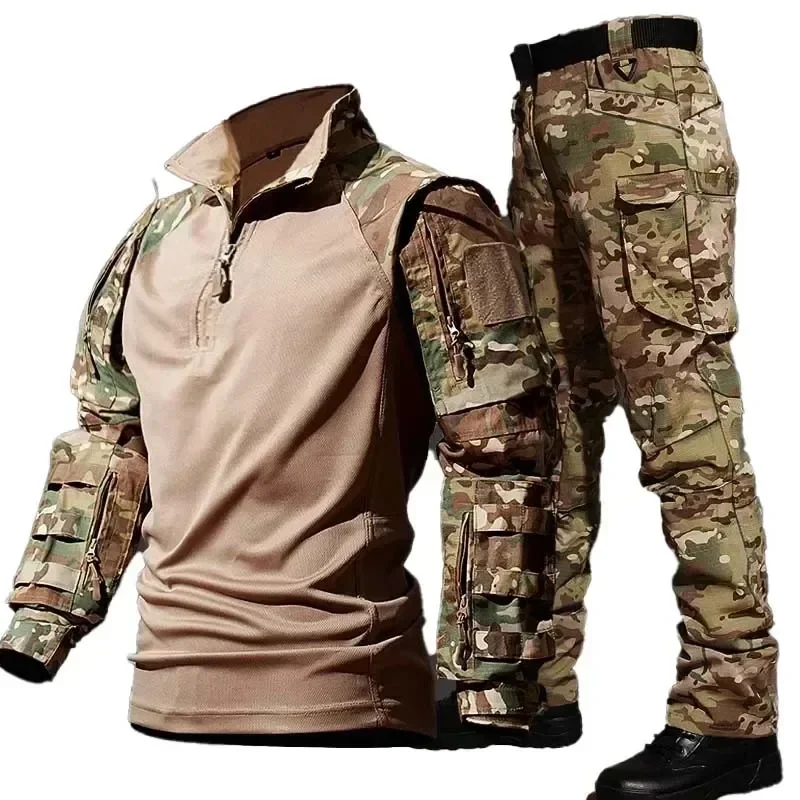 Outdoor Suit Men Outdoor Durable Breathable T-shirt Pants Mens Army Sets Training Hunting Suits Multiple Pockets Camo 2 Pcs 2