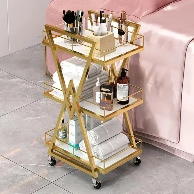 Modern Beauty Salon Gold Iron Salon Trolleys Professional Barbershop Tool Trolley Auxiliary Cart with Wheels for Beauty Z