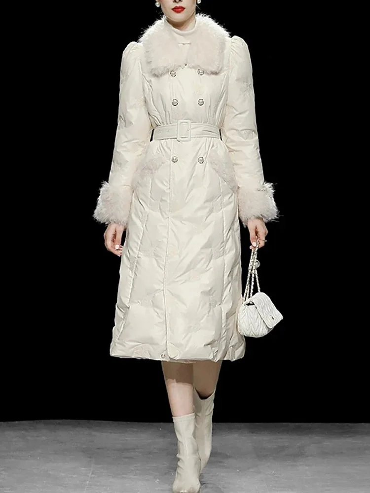 

DEAT Women Fashion Cotton-padded Dress Lapel Feather Collar Long Sleeve Belt Waist Elegant Down Jacket Winter 2024 New 13DB4275