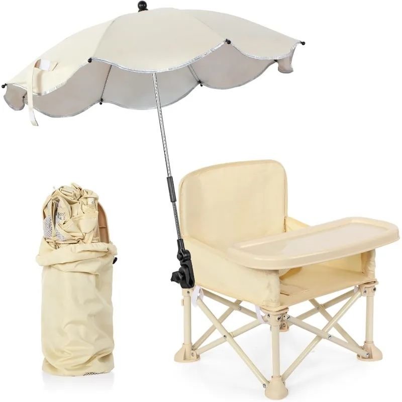 Chaise de plage pliable pour bébé avec parasol, dossier, poche et ceinture de sécurité – Siège d'alimentation pour tout-petit, idéal pour table à manger et camping