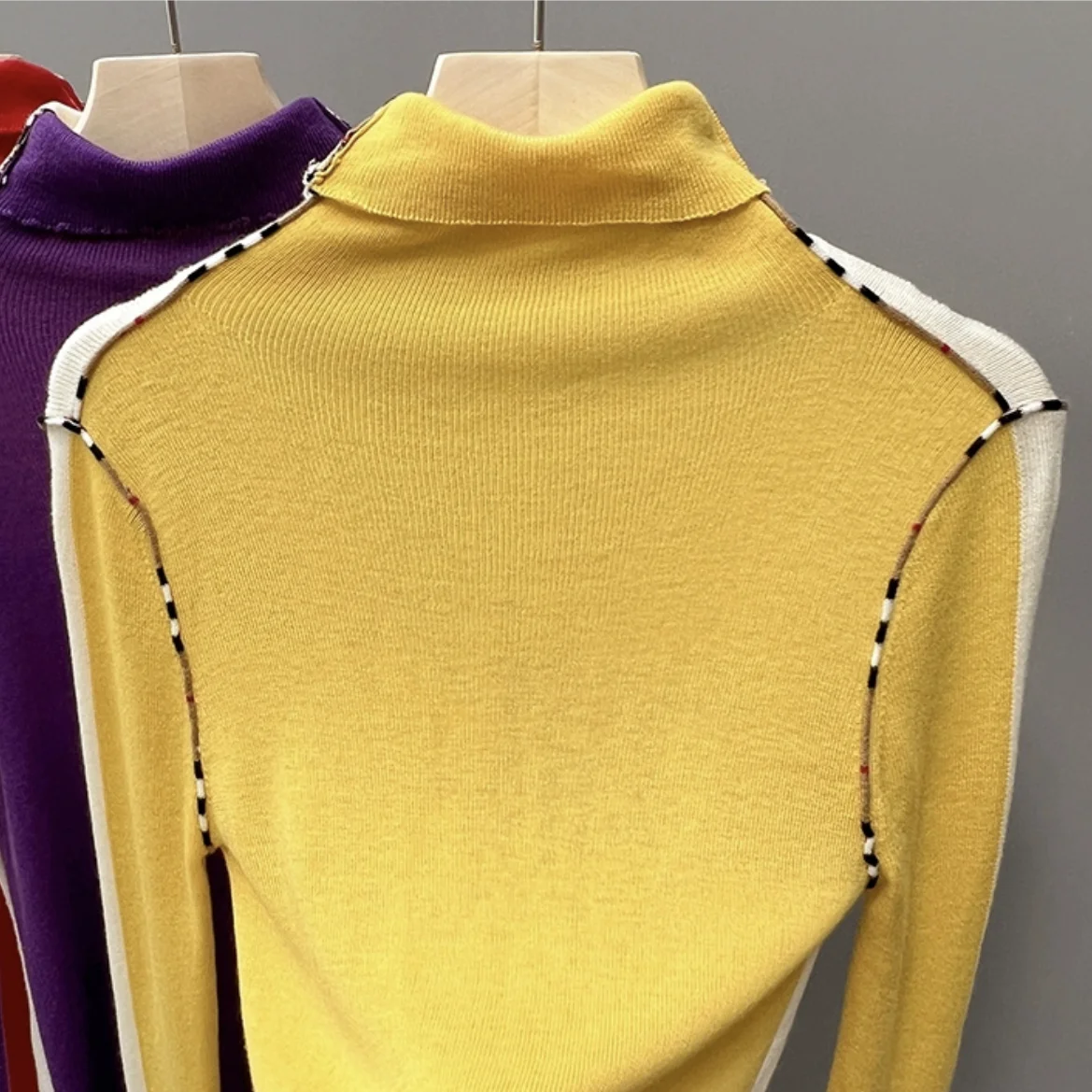 Brand Luxury Design Turtleneck Stretch Knit Sweater Pullover T-shirt For Women Double Color Knitwear Tops Tshirts Clothing Tees