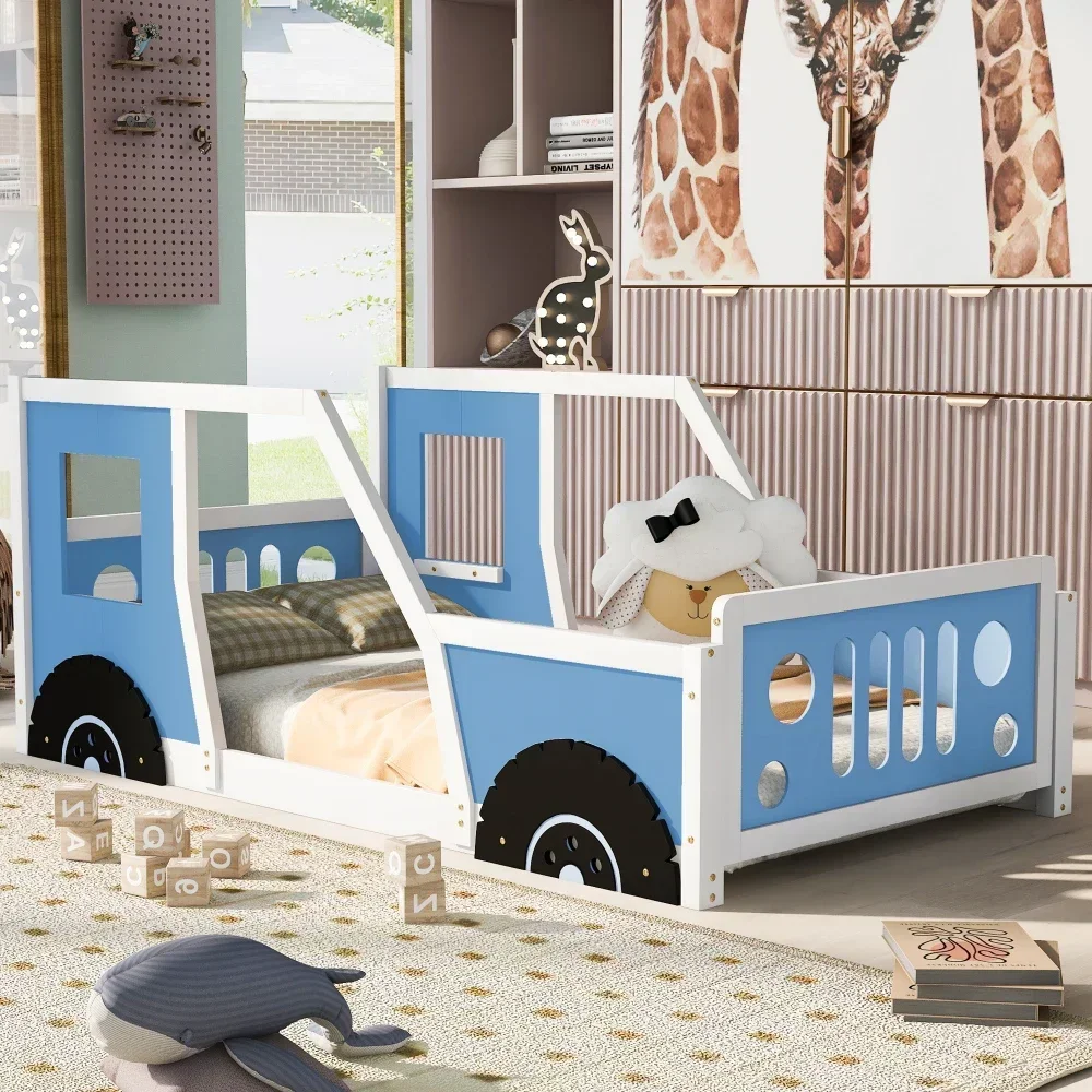 Twin Size Classic Car-Shaped Platform Beds Wheels,Blue Car Bed for Kid Children Beds Kids Beds for Boys,Bed for Girls Furniture 2