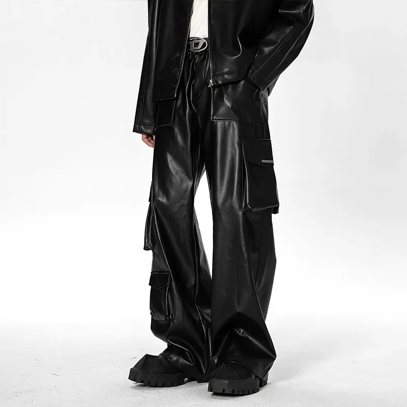 Men's Leather Pants American Hiphop Punk Spring and Autumn New Multi-pocket Cargo Pants Casual Tide