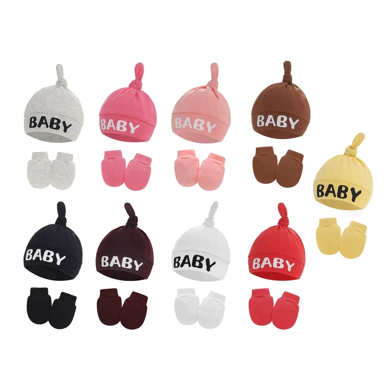 

2 Pcs Baby Anti Scratching Cotton Gloves Hat Set Newborn No Scratch Mittens Beanies Cap Kit for Infants Shower Gifts
