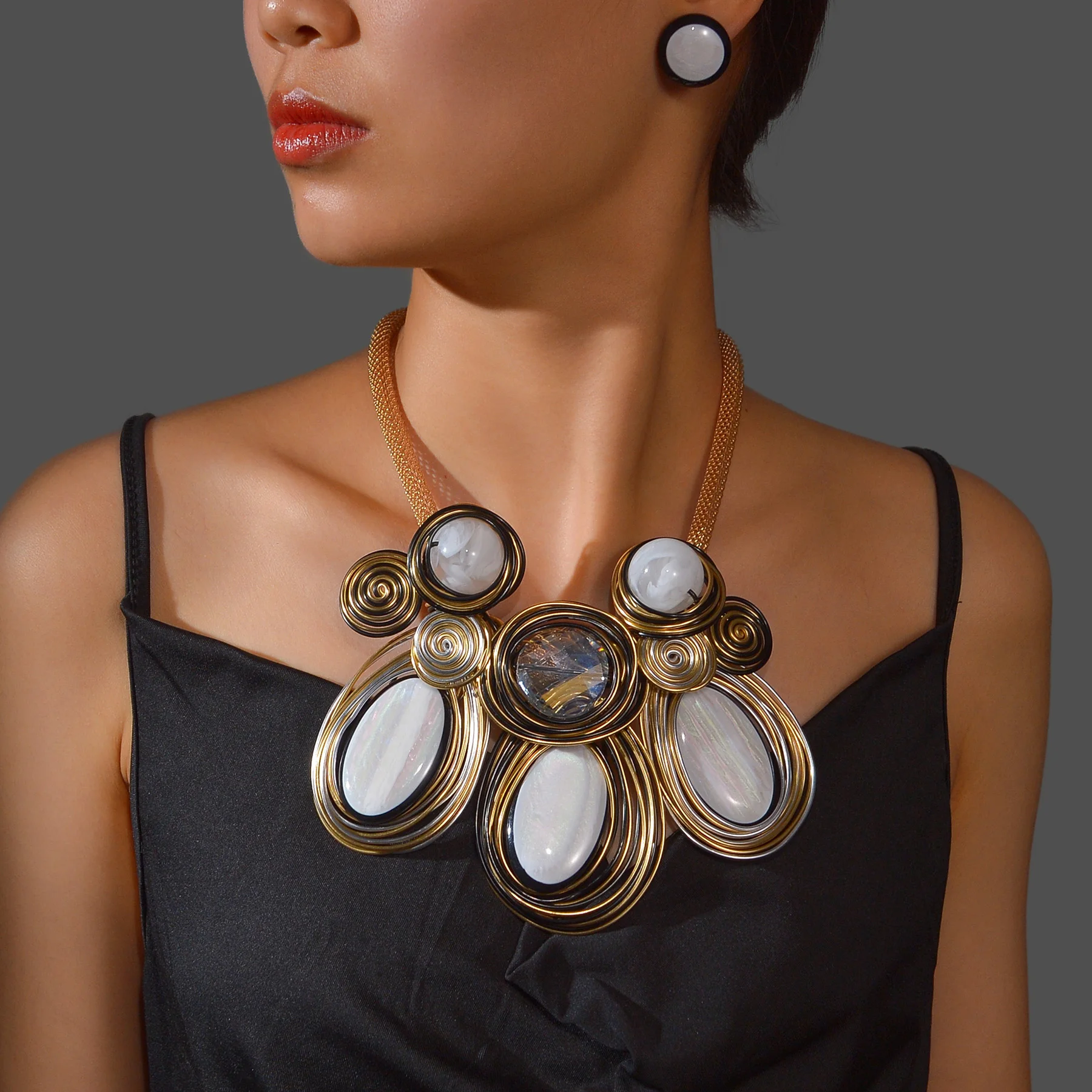 African Statement Necklace Set – Colorful Rhinestone Collar With Earrings, Handmade & Lead-Free