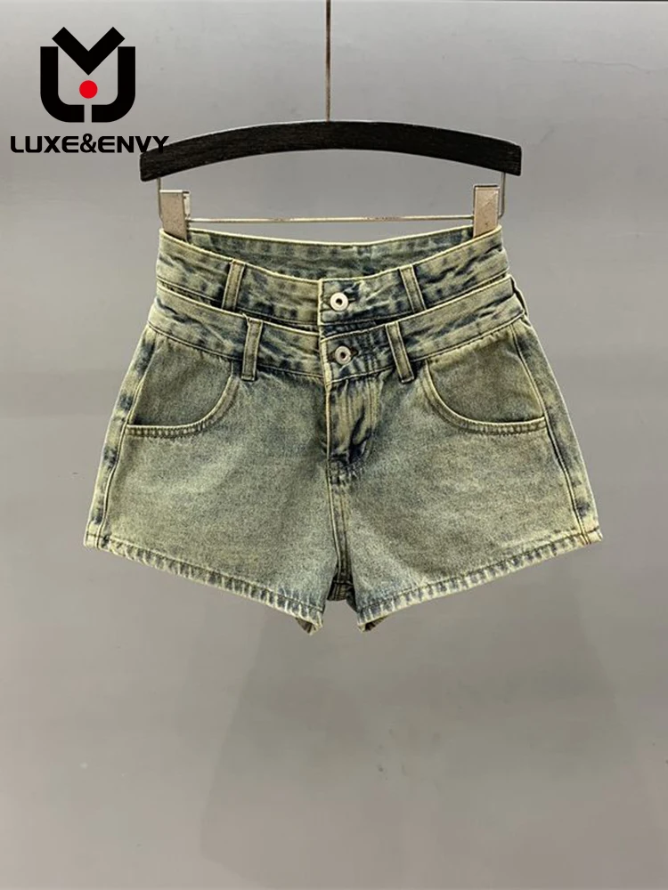 

LUXE&ENVY Retro Denim Shorts For Women 2023 Summer New Double Layered High Waist Slimming Hot Pants Trend For Girls With A-line