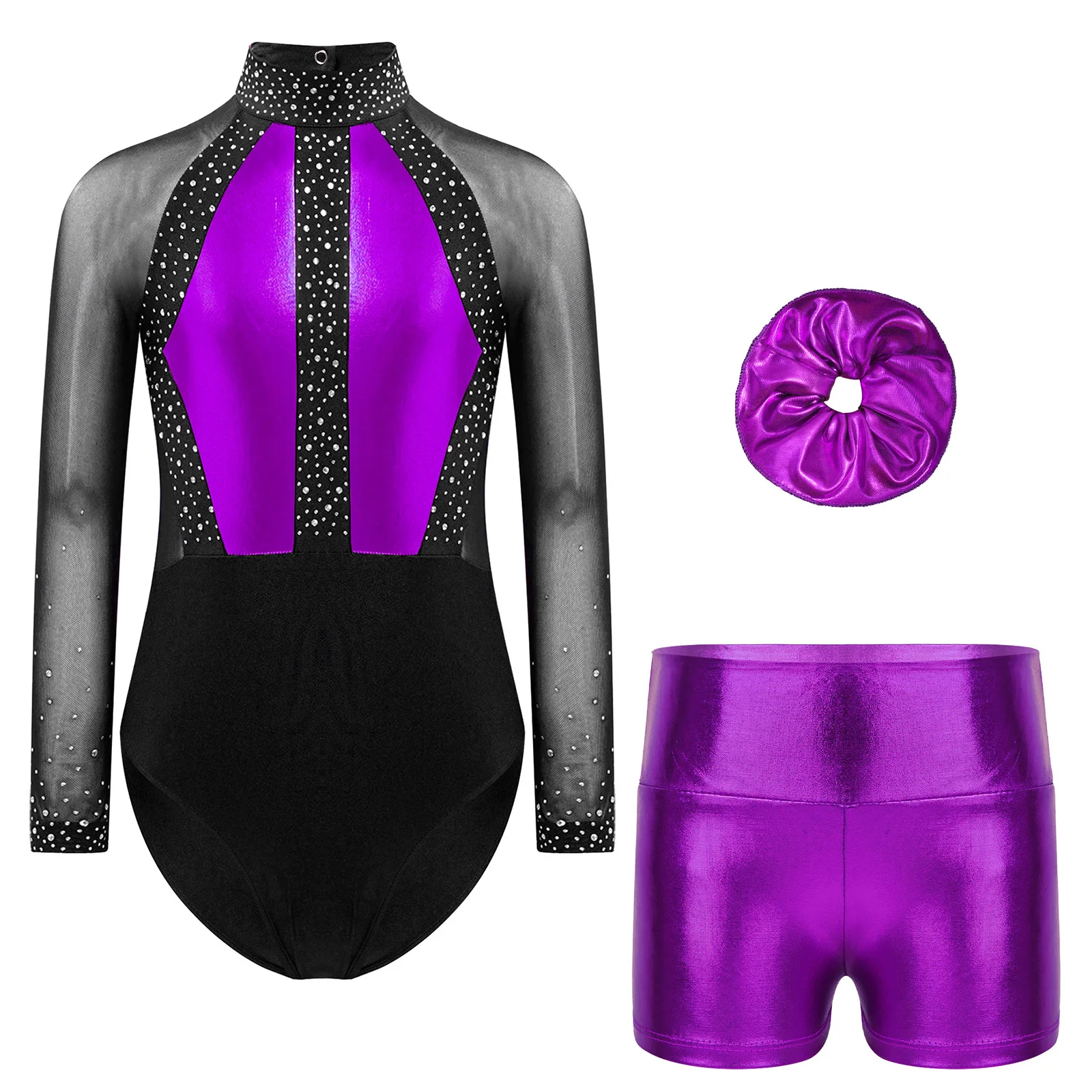 Kids Girls Gymnastics Dance 6 to 16 Years Long Sleeve Rhinestones Leotard with Metallic Shorts Headwear for Figure Skating