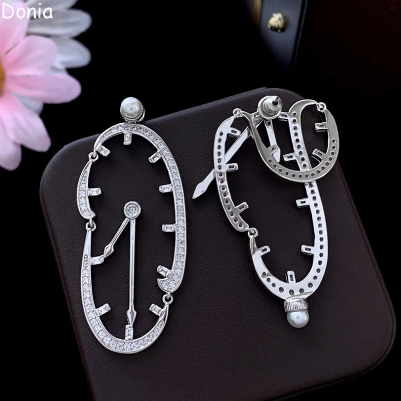 Donia Jewelry European and American Court Elegant Clock Titanium Steel Micro-Inlaid AAA Zircon Silver Needle Earrings
