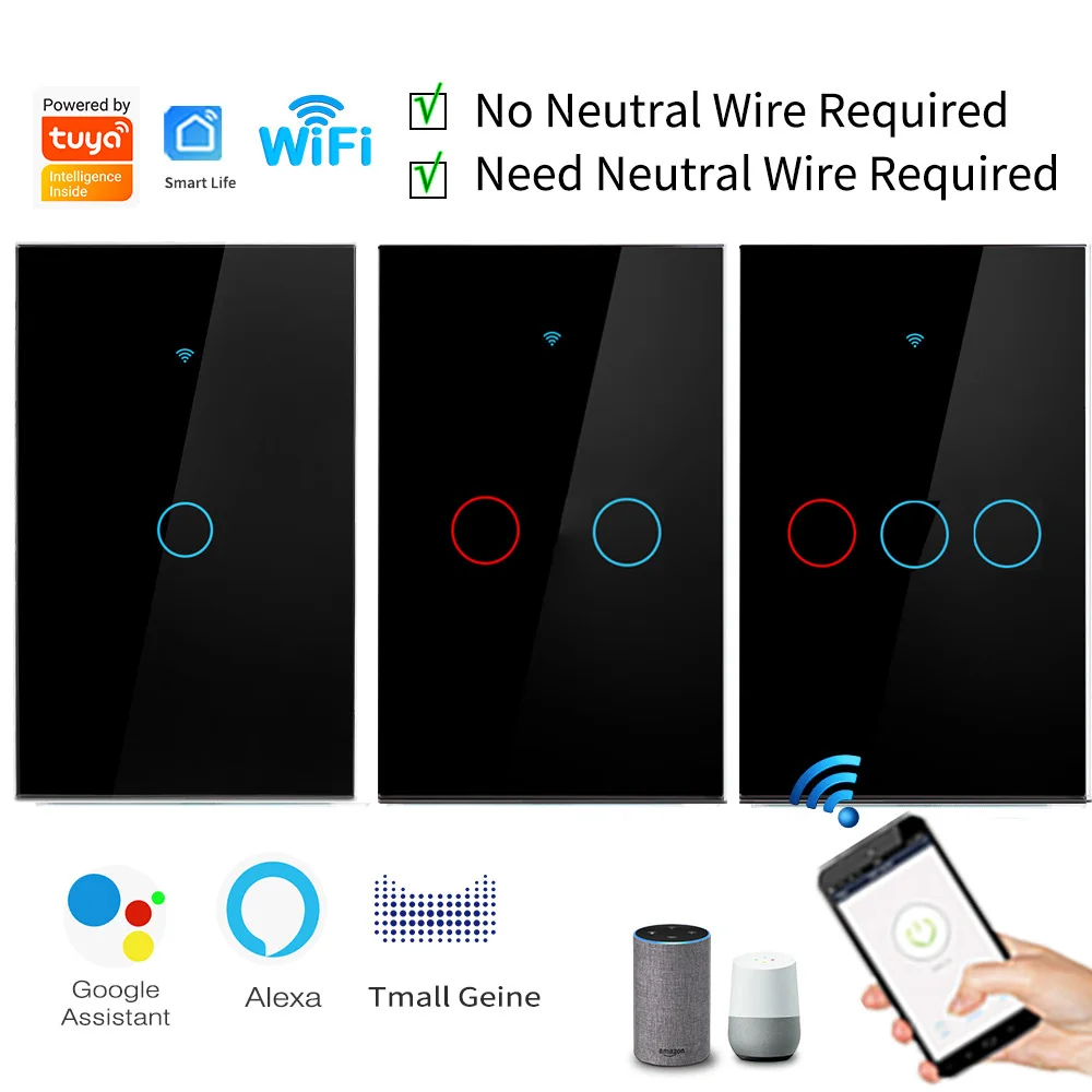 

Wifi Smart Light Switch Glass Screen Touch Panel Voice Control Wireless Wall Switches Remote with Alexa Google Home 1/2/3/4 Gang
