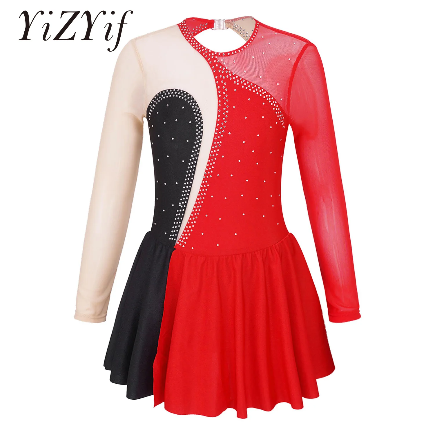 

Kids Girls Rhinestone Ballet Tutu Dress Long Sleeve Gymnastics Leotard Figure Skating Dress Competition Performance Costumes