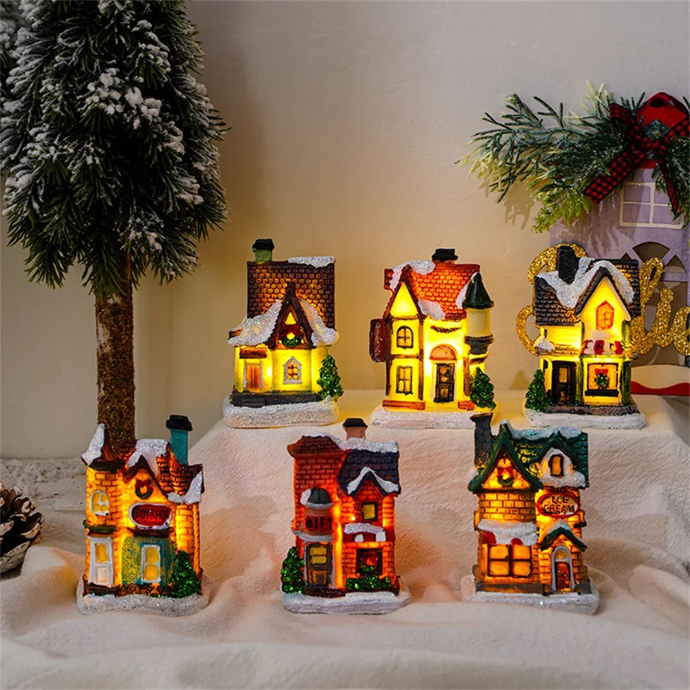 

Christmas Led Light House Christmas Tree Ornaments LED Resin Small Village House Xmas Glow Decor Gift 2023Happy New Year Decors