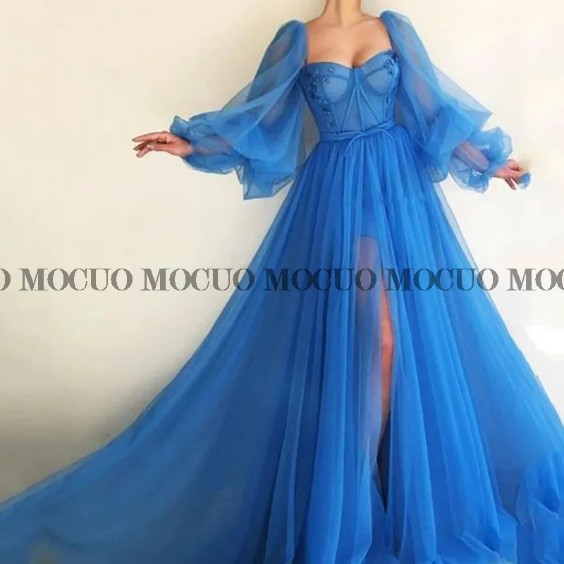 

Blue Prom Dresses Long Puffy Sleeve Tulle Backless Formal Evening Party Gowns Beauty Pageant Dresses 2022 Custom Made