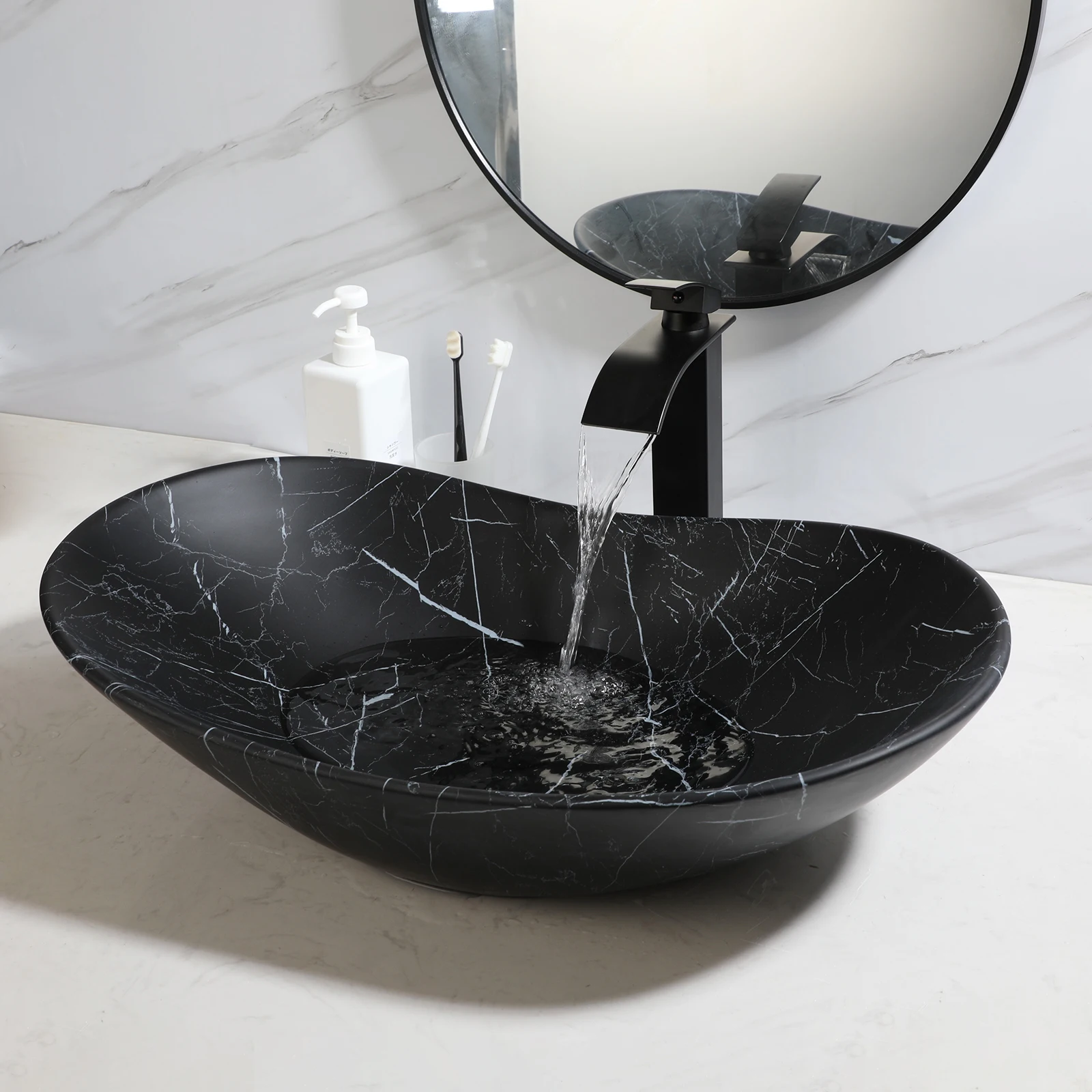 KEMAIDI Black Ceramic Vessel Sink with Faucet and Drain Combo 24 inch Oval Above Counter Bathroom Sink Bowl with Marbling Basin 4