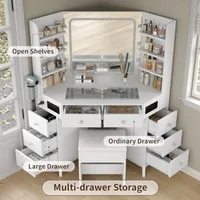 Corner Vanity Desk with Speaker 8 Drawers and 6 Shelves Modern Vanity with Mirror and Lights Makeup Vanity with Glass Top 3 Col 5