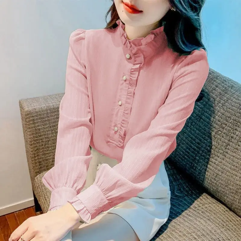 Spring Autumn Solid Color Fashion Long Sleeve Shirt Women High Street Round Neck Button Patchwork Cardigan Ruffles Elegant Tops
