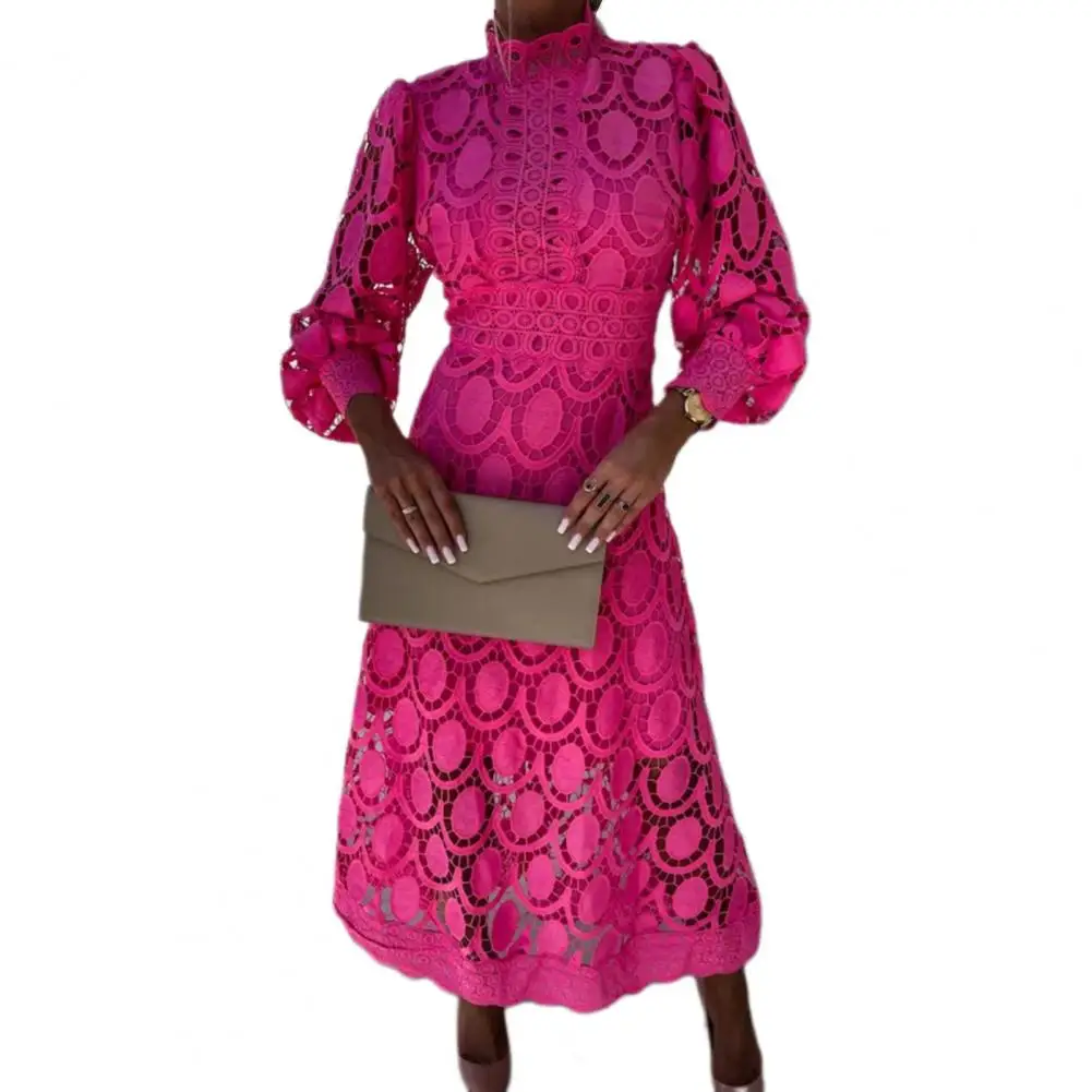 

Formal Evening Gown Elegant Lace Maxi Dress with Bubble Sleeves Stand Collar for Women Chic Tight Waist Design for Ol