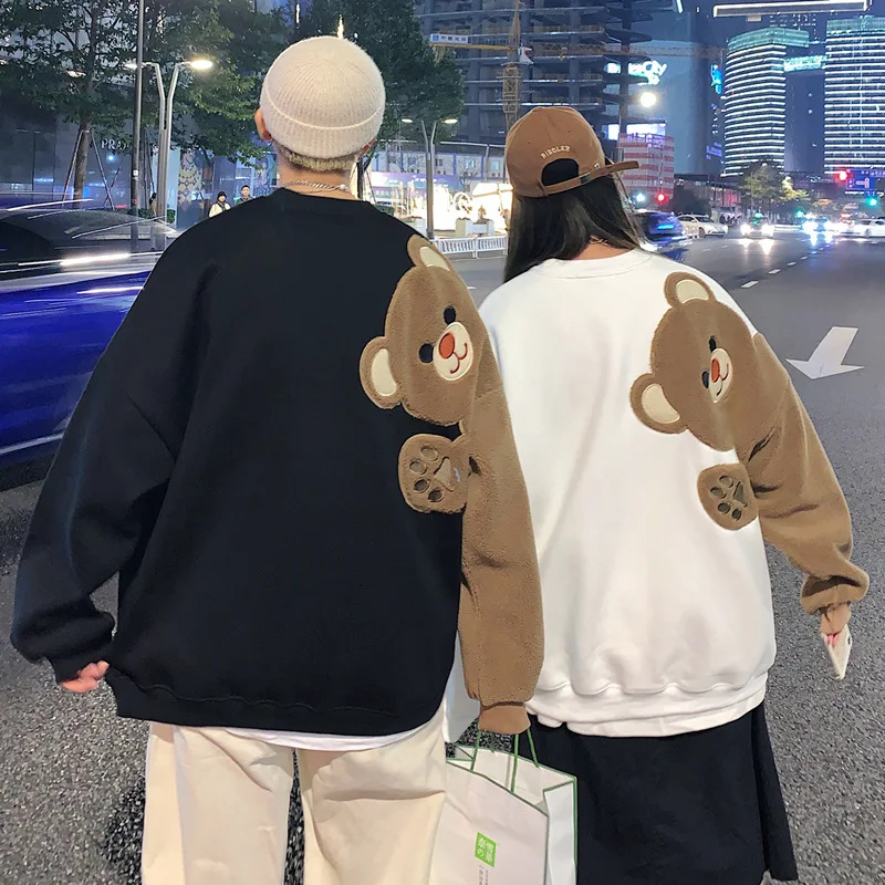 Mens White Cartoon Bear Patchwork Couple Oversized Sweatshirts Y2K Warm Casual Winter Tops Men Women Loose Sweatshirt Techwear
