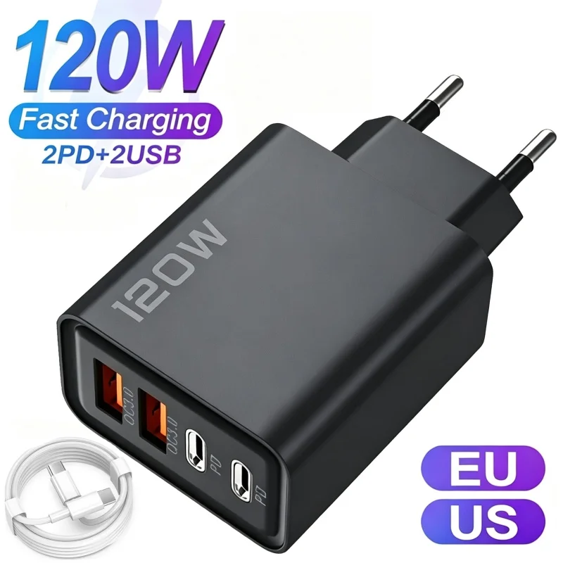 4 Port 120W USB C Fast Charger Station PD QC3.0 Wall Adapter Data Cable For iPhone Samsung Xiaomi Huawei EU US UK Plug Travel