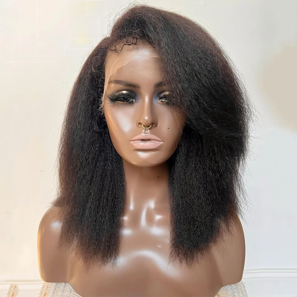 

16Inch Short Bob Glueless Yaki Kinky Straight Natural Black Lace Front Wig For Women With Baby Hair Synthetic Preplucked Daily