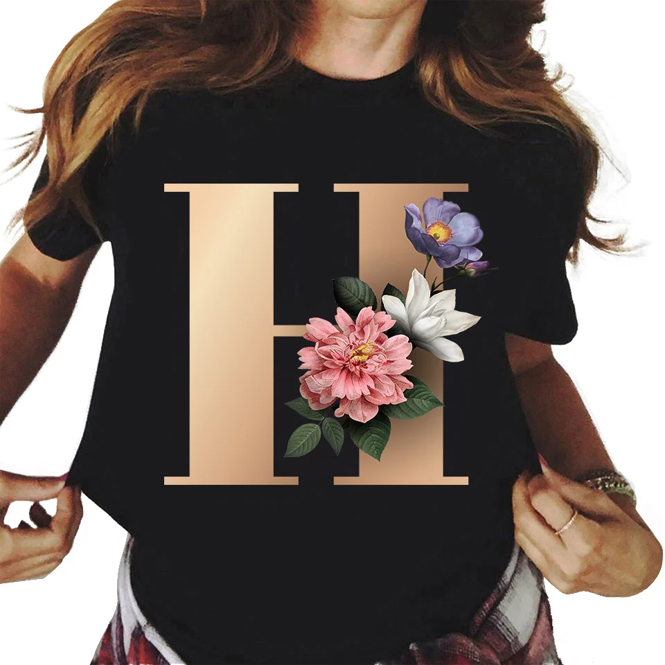 26 Floral alphabet font classic t shirt summer Fashion Harajuku Kawaii TShirt Women Top Tees Female graphic tees